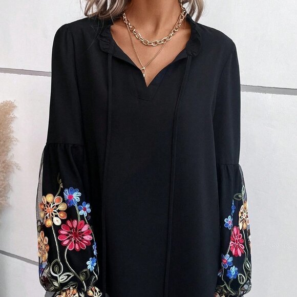 Black Preppy Womens Floral Slleeve Print Lantern Sleeve Tie Neck Blouse - Picture 4 of 6